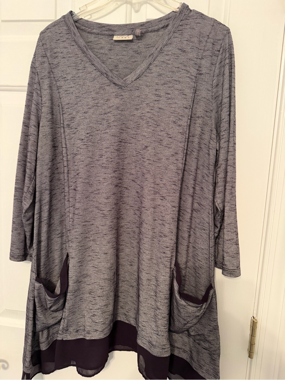 Logo Lori Goldstein-navy blue striped & lace trim top w/pockets. Lg.Gd cond $20
